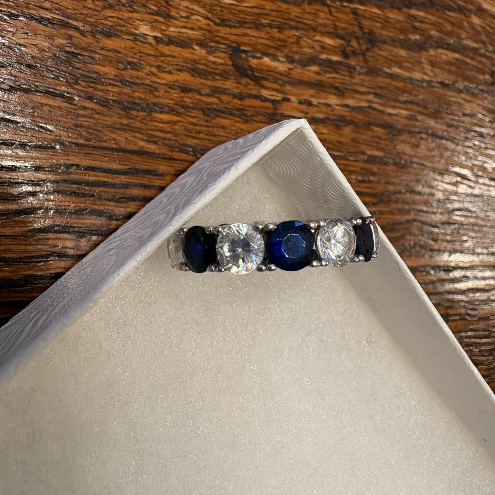 Faux Sapphire and Diamond  Silver Size 6 Ring